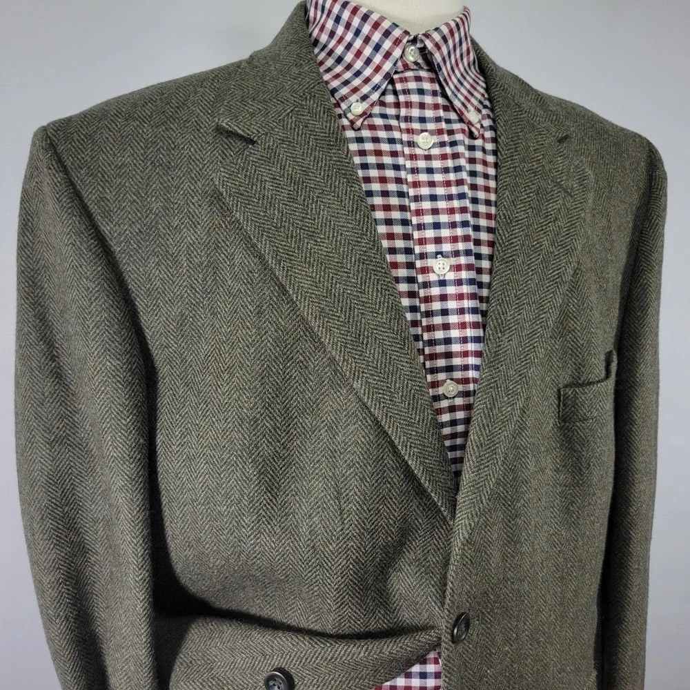 John Ashford Men's Tweed Sport Coat Blazer Two Button Green Herringbone Wool 46R